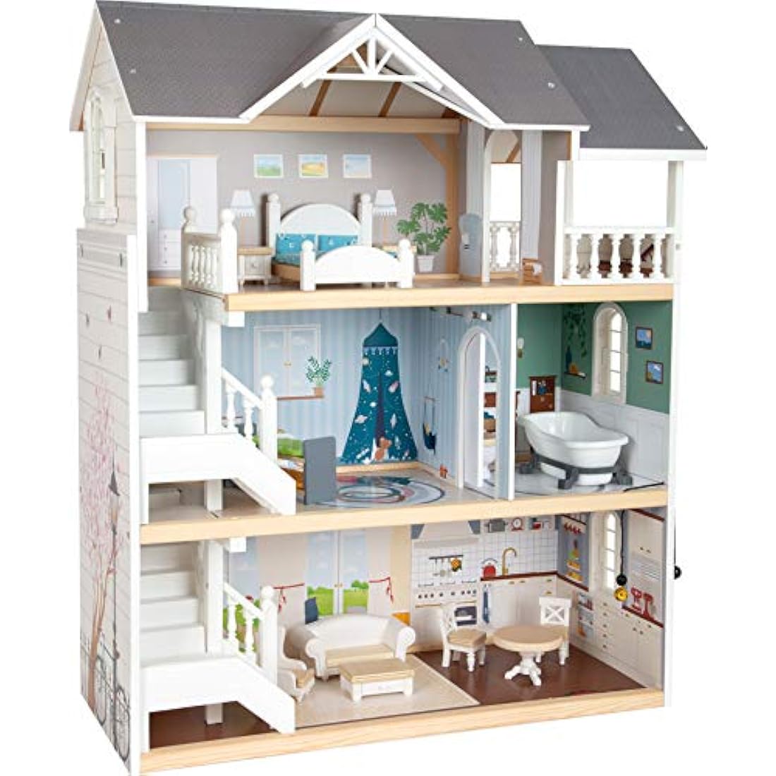Small Foot Wooden Doll's House – 3-Story Open Front Toy with Furniture
