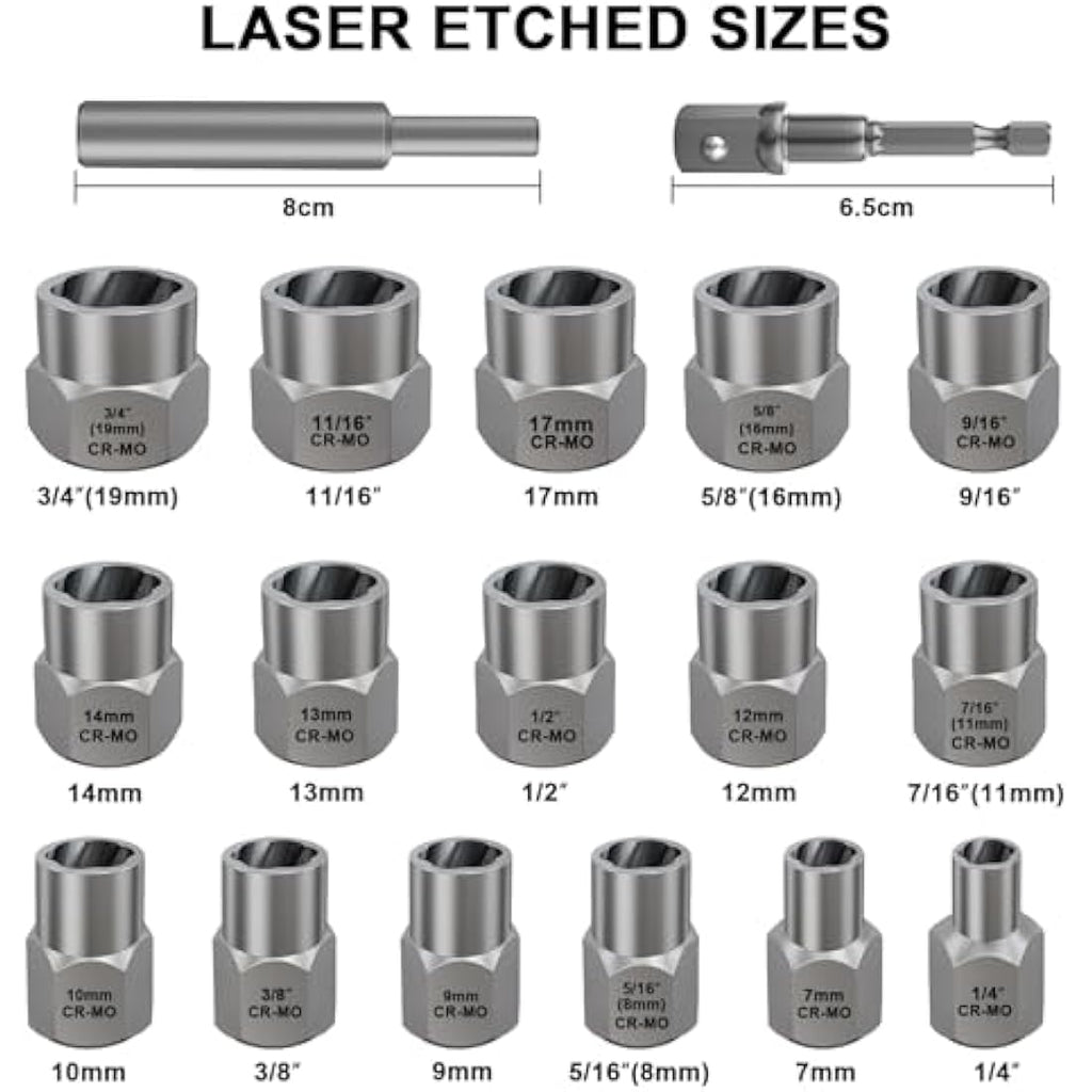 TOPEC 18-Piece Bolt Extractor Set | Impact Nut Remover for Damaged Bolts