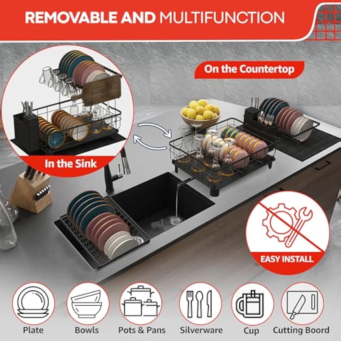 RebelEver 2-Tier Dish Drying Rack – Rustproof Carbon Steel Sink Drainer