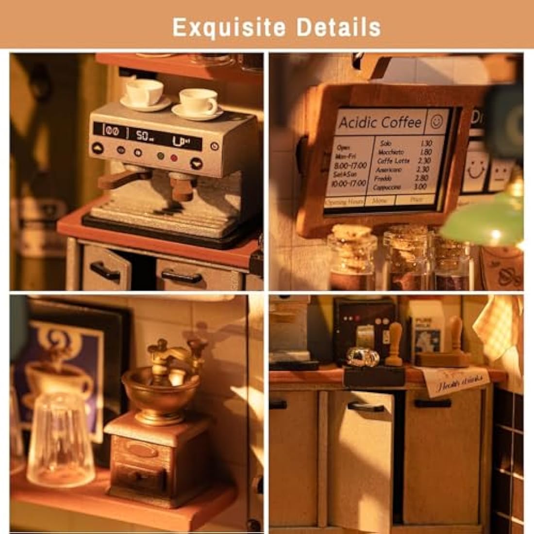 ROWOOD DIY Miniature Coffee House Kit – Wooden Dollhouse Model with Lights