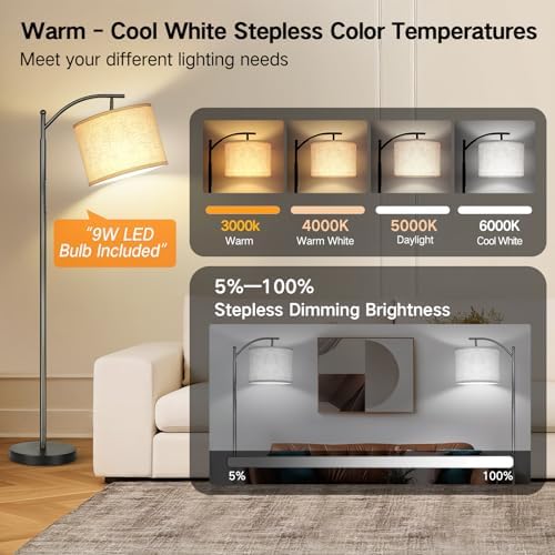OUTON Smart LED Floor Lamp - Dimmable Arc Standing Lamp with Remote, Black