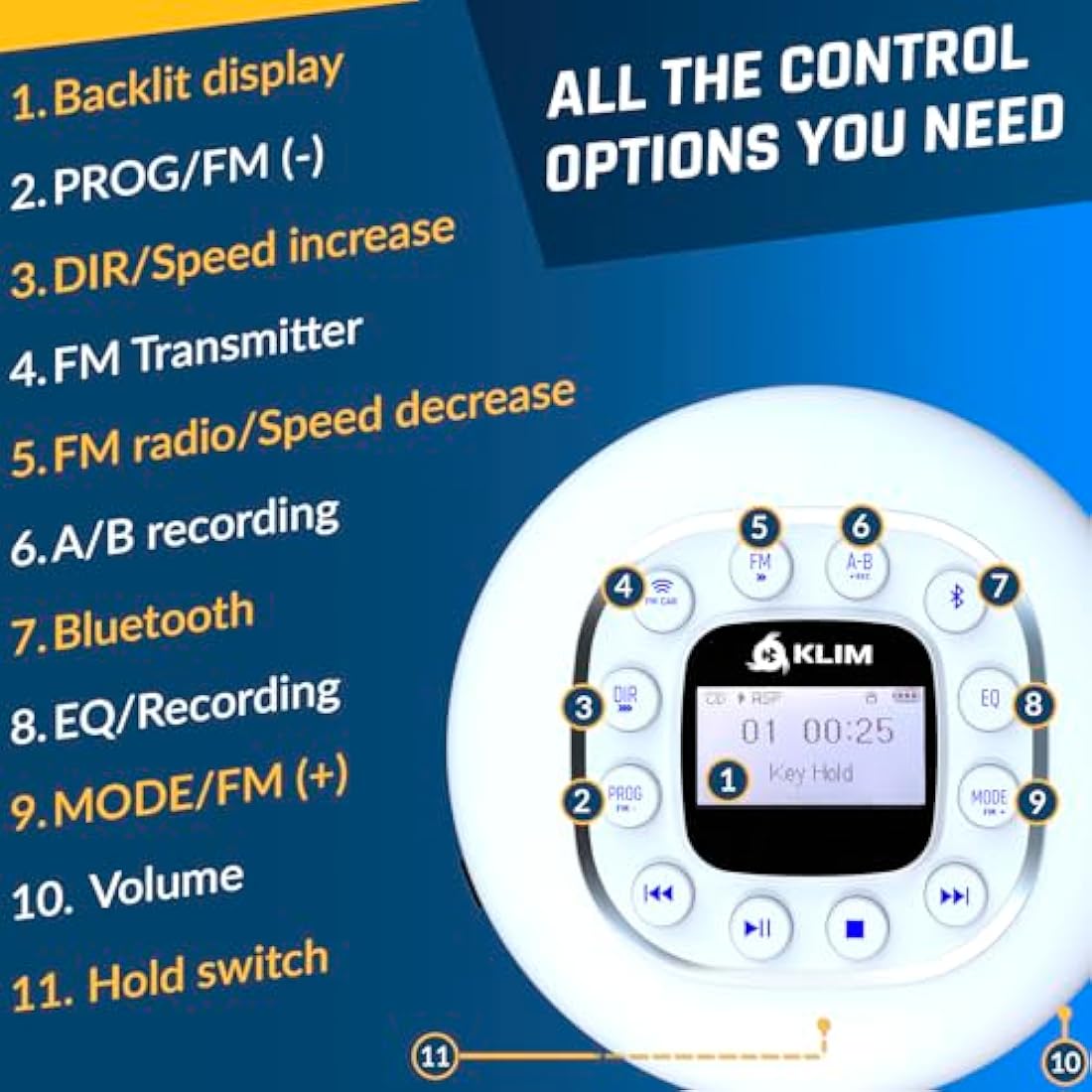 KLIM Journey Portable CD Player – Bluetooth & FM Transmitter for Cars