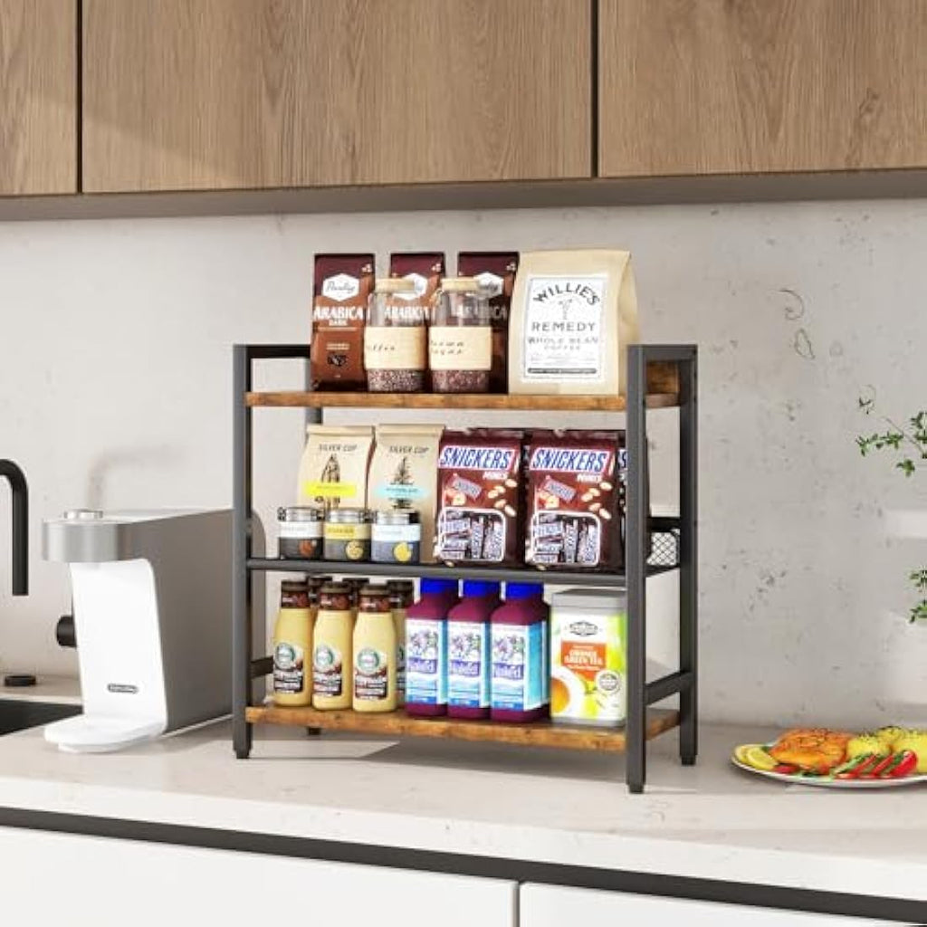 IBUYKE 3-Tier Spice Rack – Industrial Wood & Metal Countertop Organizer