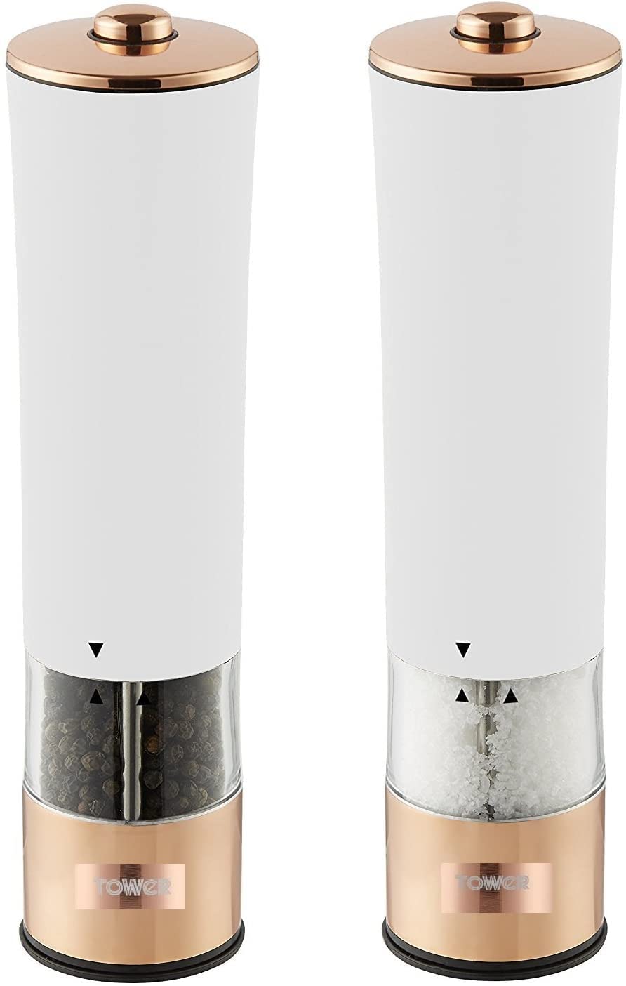 Tower Electric Salt and Pepper Mills – Stainless Steel, White, 2-Piece