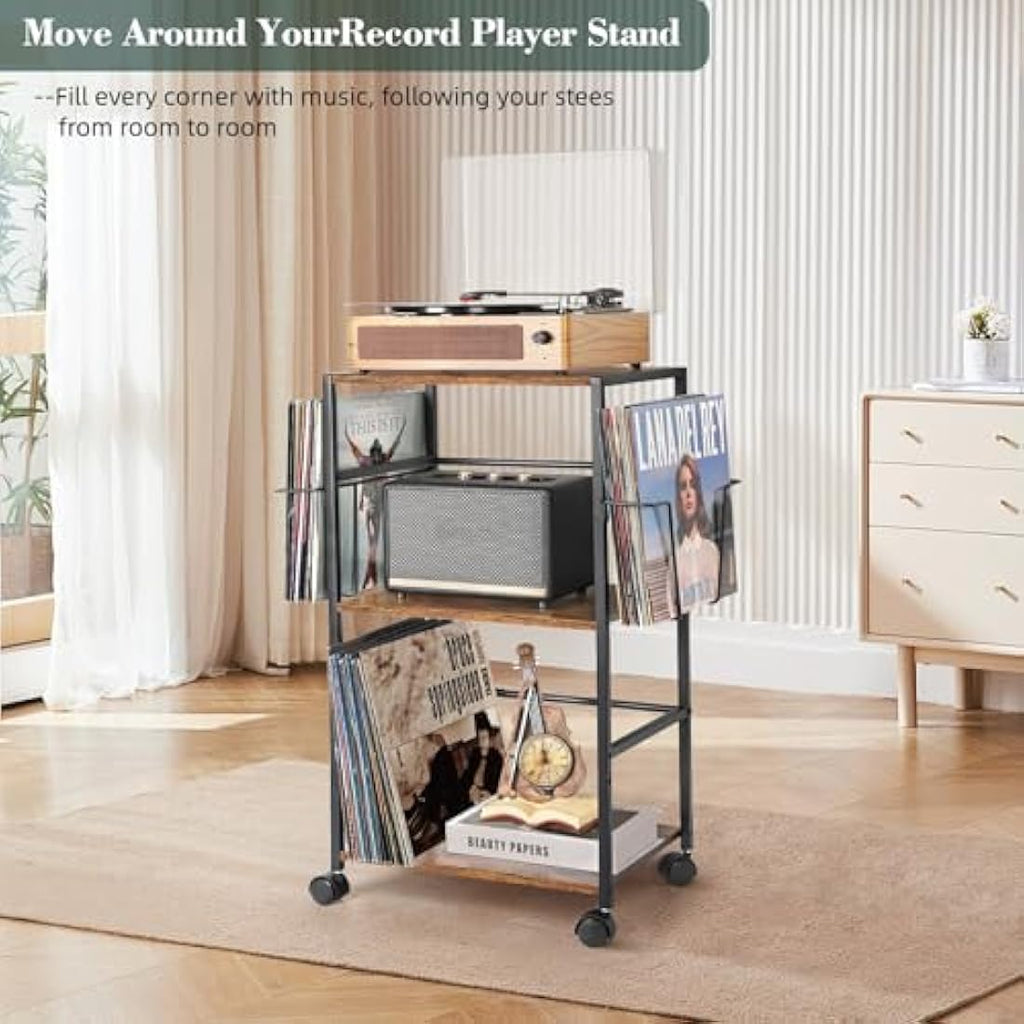 Bikoney Vinyl Record Storage – Rolling Turntable Stand with 3-Tier Shelves