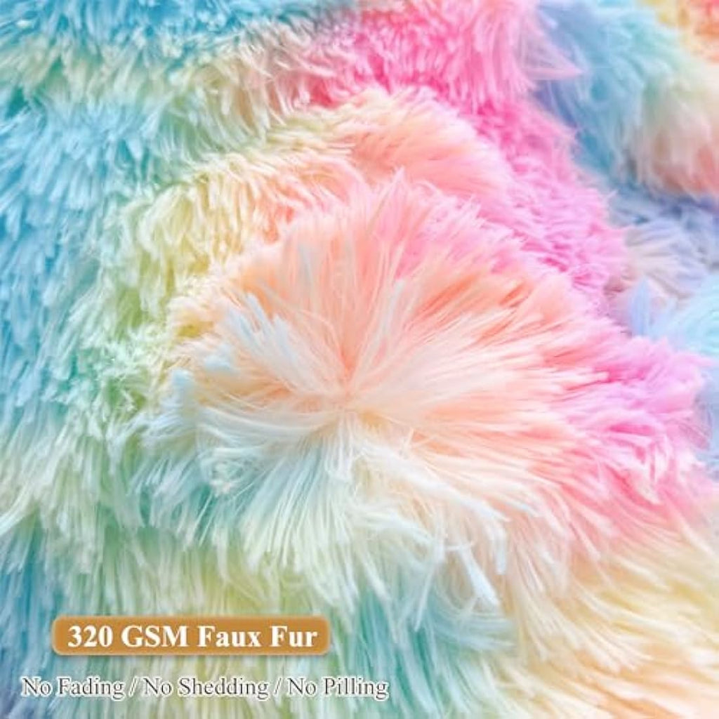 XeGe Faux Fur Bean Bag Cover – Rainbow Tie Dye Fluffy Chair for Storage