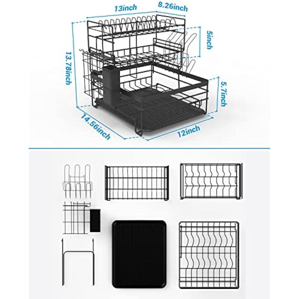 3-Tier Dish Drying Rack | Stainless Steel Sink Drainer, Black