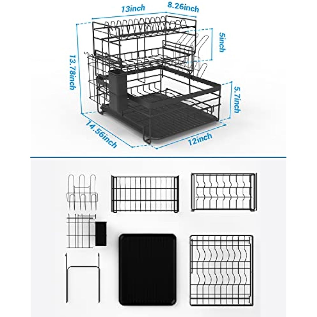 3-Tier Dish Drying Rack | Stainless Steel Sink Drainer, Black