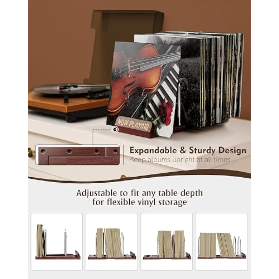 HULISEN Expandable Vinyl Record Storage – Wood Now Playing Album Stand