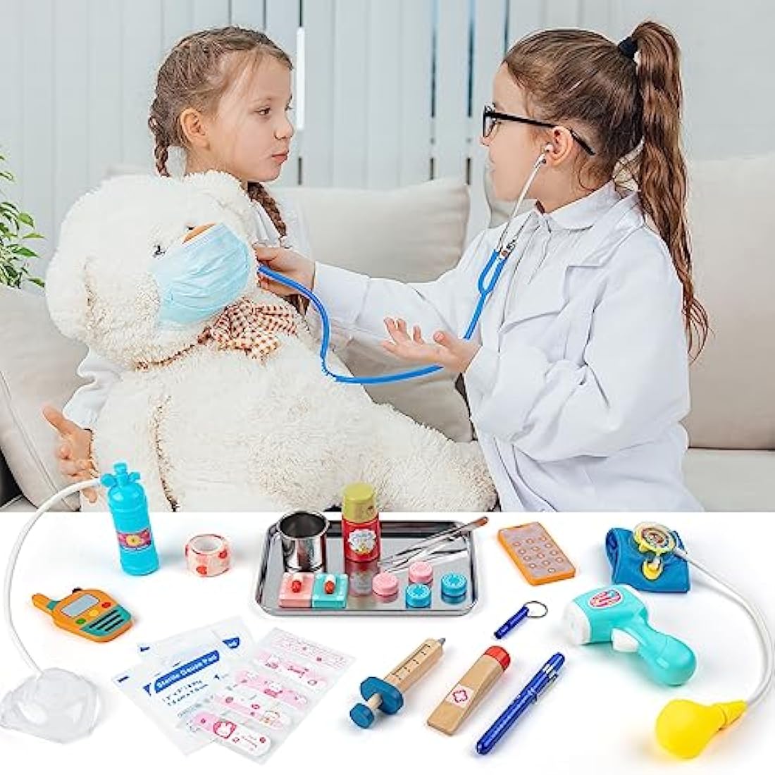 Sundaymot 34-Piece Kids Wooden Doctor Kit with Real Stethoscope