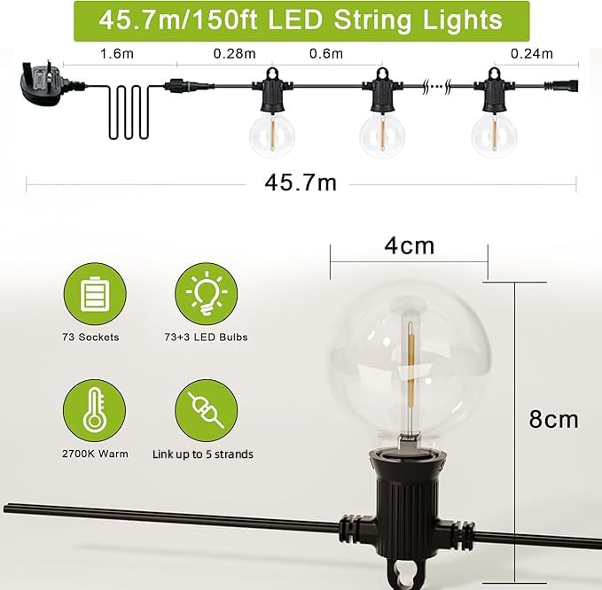 Kawaya 150ft Outdoor Festoon Lights | Waterproof LED Garden String Lights