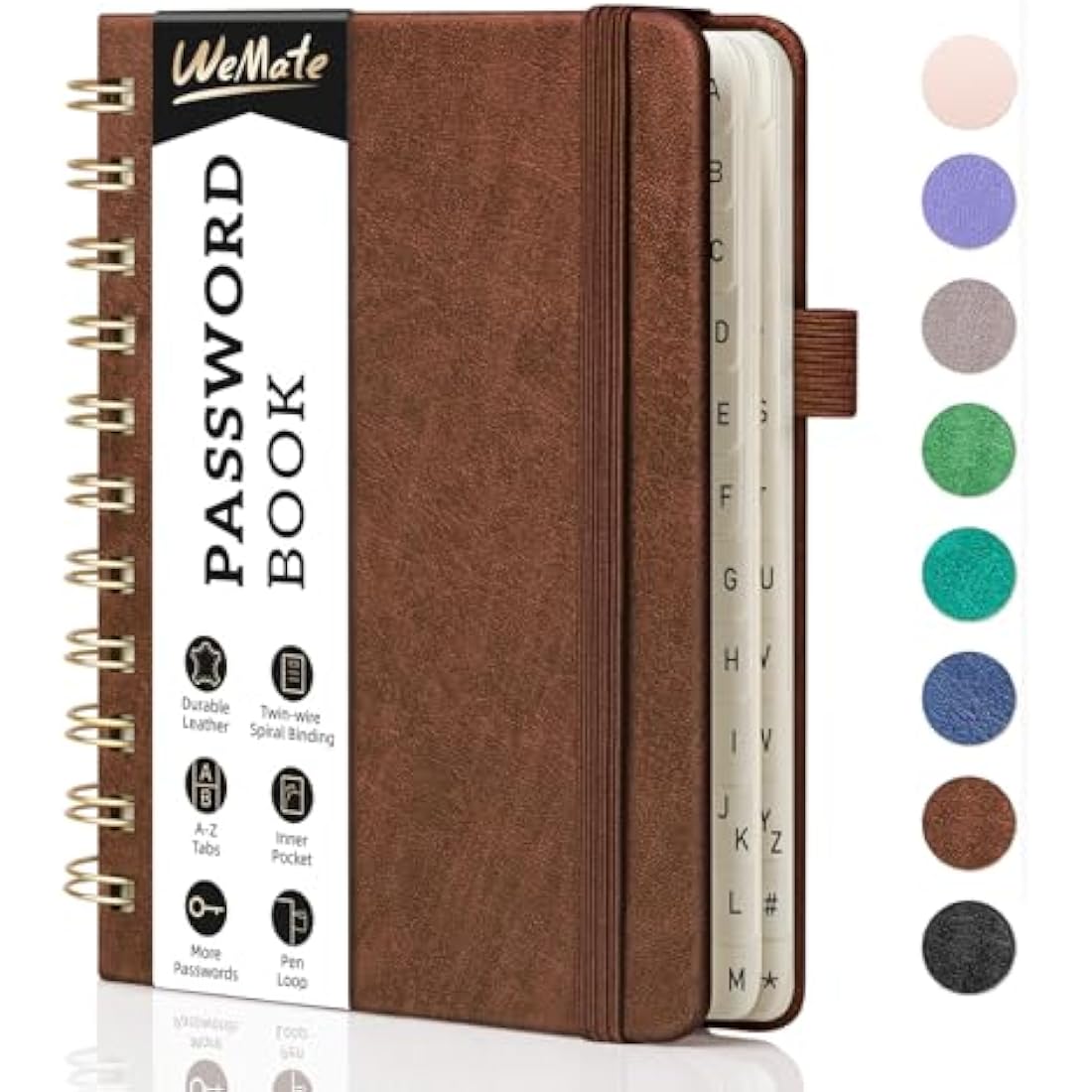 WEMATE Spiral Password Book with Alphabetical Tabs - Brown Hardcover