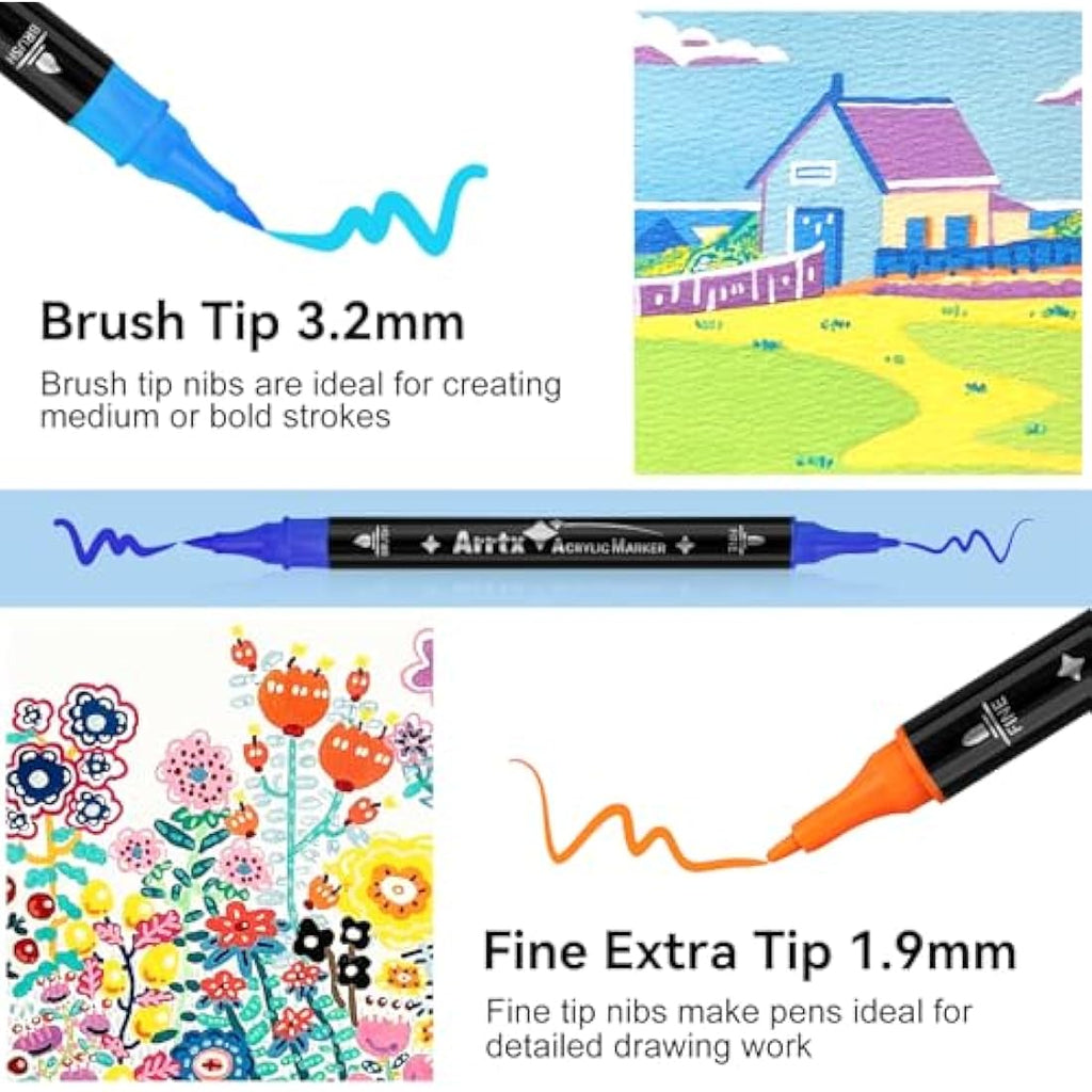 Arrtx 32 Colors Acrylic Paint Pens | Dual Tip Brush & Fine Markers