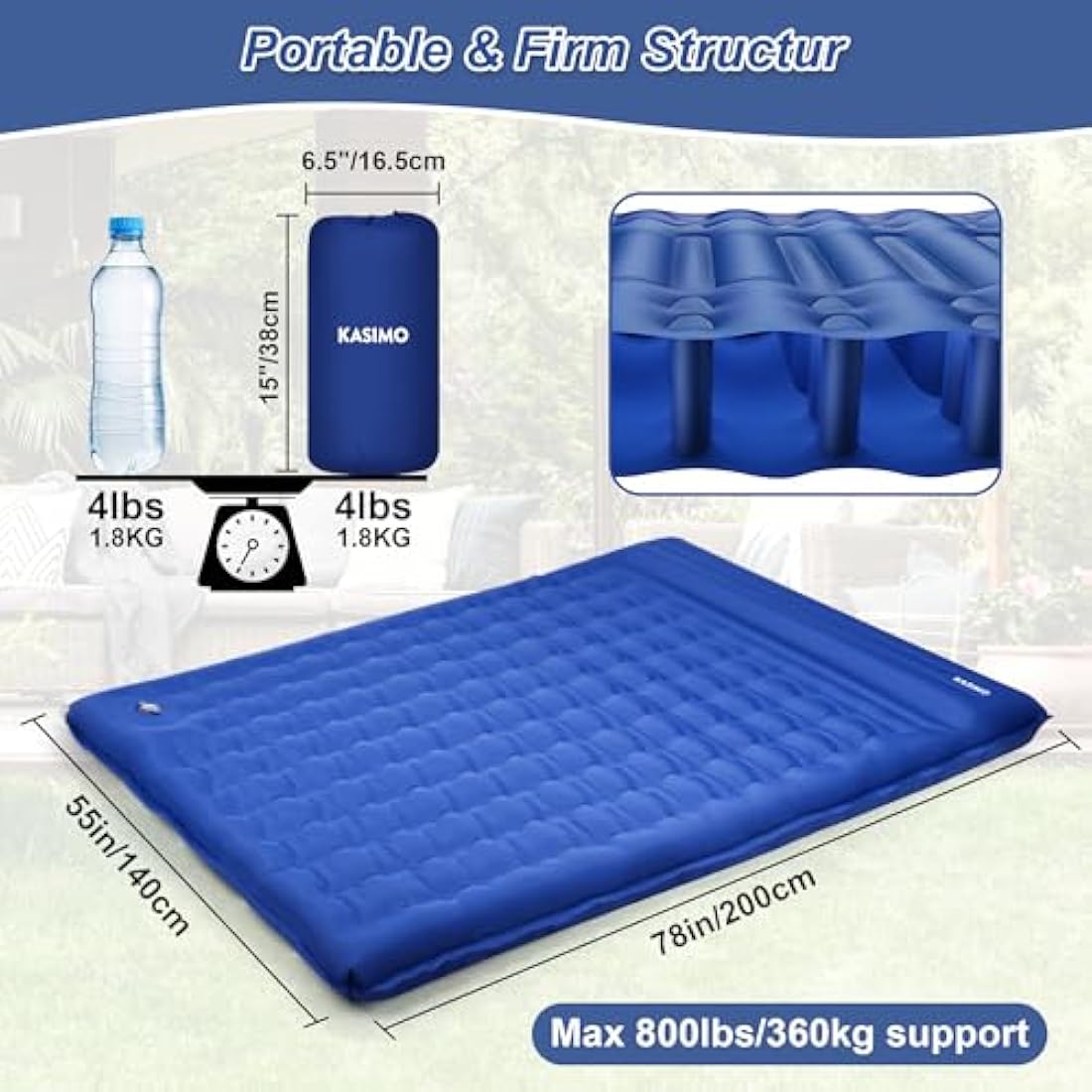 KASIMO Double Sleeping Pad – 5" Thick Inflatable Camping Mattress with Pillow