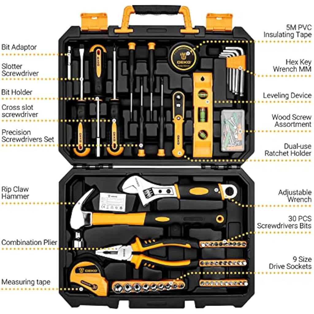 DEKO 100 Piece Home Repair Tool Set | Household Hand Tool Kit with Case