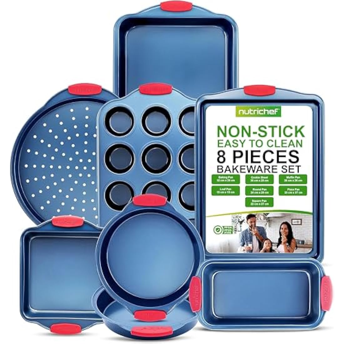 NutriChef 8-Piece Non-Stick Carbon Steel Baking Set - Blue & Red