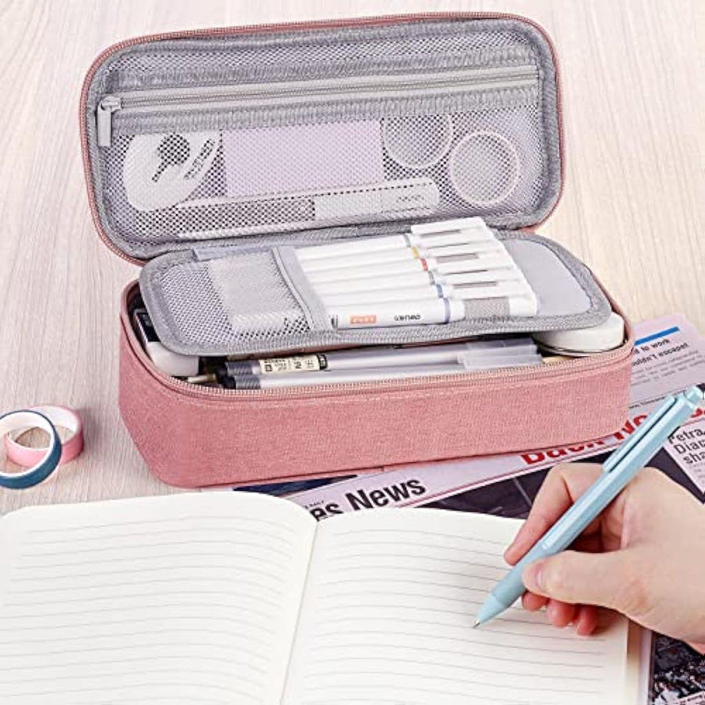 WEMATE Large Pencil Case | 5-Compartment Canvas Stationery Pouch - Pink