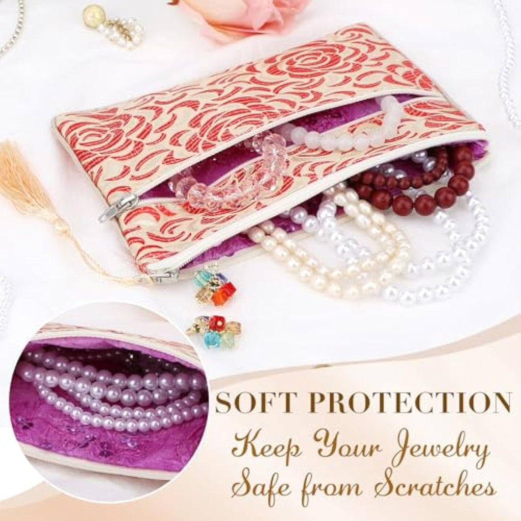 Jolof Store Chinese Silk Brocade Jewelry Pouch with Tassel, Set of 2