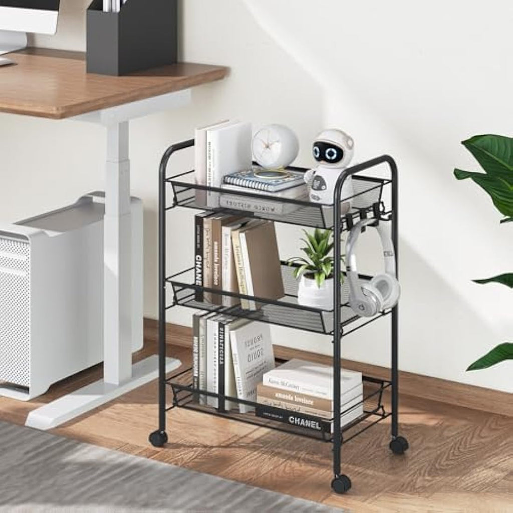 APEXCHASER 3-Tier Rolling Utility Cart | Metal Mobile Storage Trolley, Black