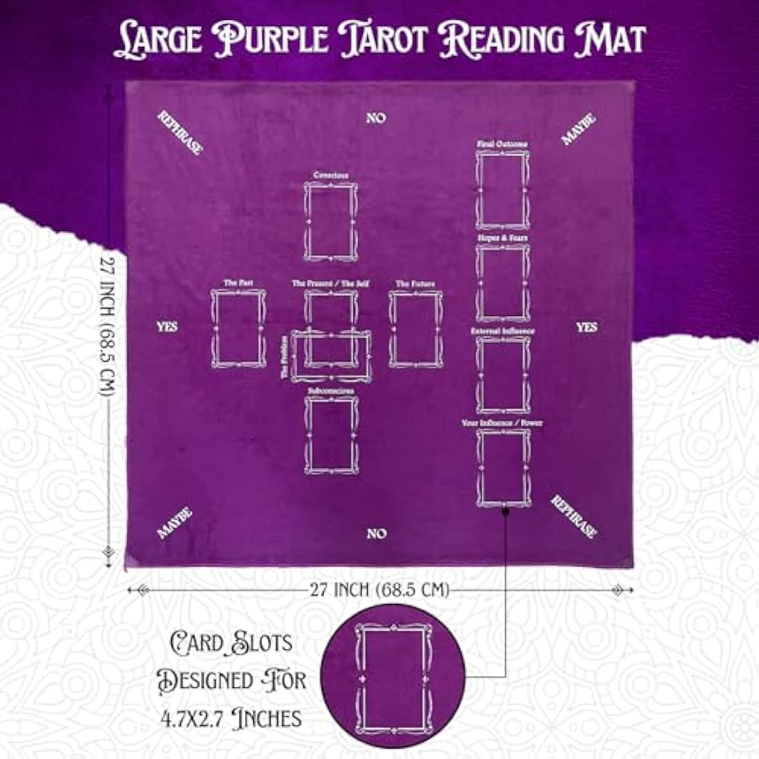 Nevkha Tarot Divination Cloth | Purple Velvet Celtic Cross Mat | 27x27"