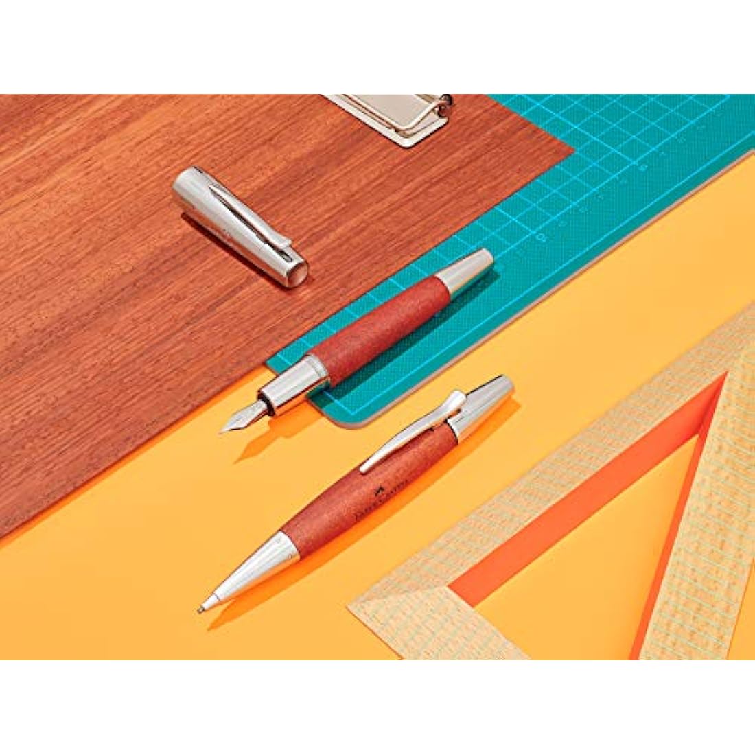 Faber-Castell E-motion Fountain Pen – Brown Wood & Chrome, EF Nib