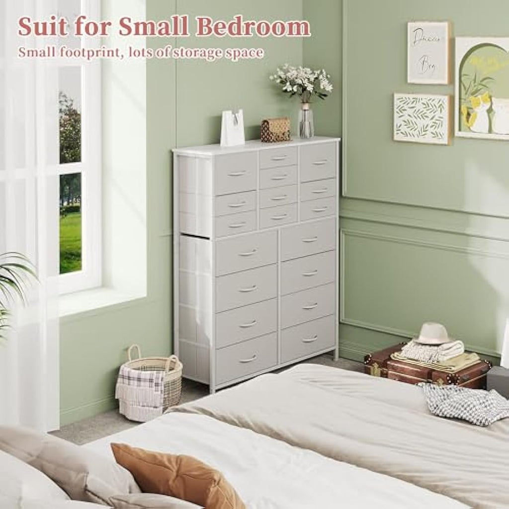 18-Drawer Tall Dresser – White Metal & Wood Storage Chest