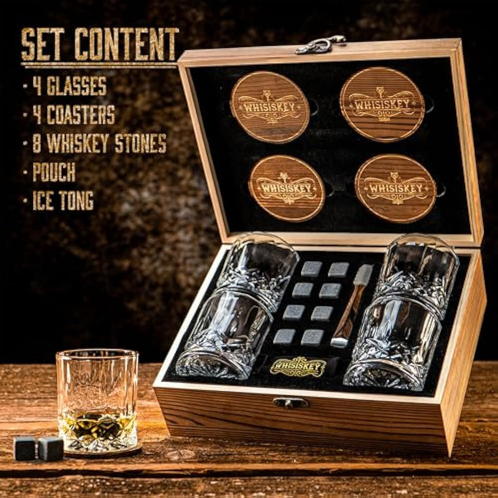 Whisiskey Glass Set – 4 Whiskey Glasses and 8 Stones Gift Set for Men