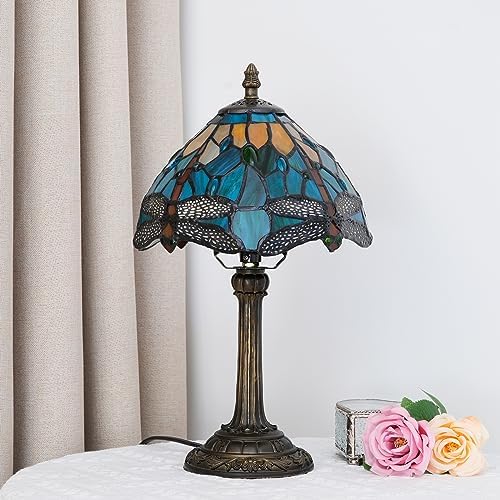 Blivuself Tiffany Style Stained Glass Dragonfly Table Lamp – 8" Retro Desk Light