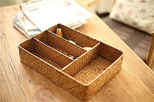 DECRAFTS Seagrass Storage Basket with Compartments Utensil Tray for Organization Silverware Flatware Rectangular Shelf Baskets with 4 Sections Natural - image 5