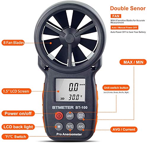 BTMETER BT-100 Digital Anemometer - Handheld Wind Speed Meter for HVAC