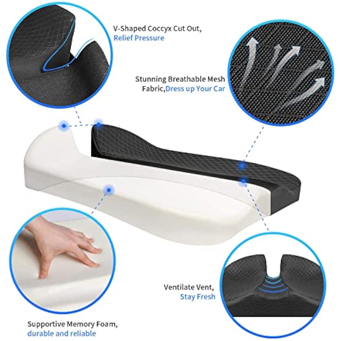 MargGona Memory Foam Seat Cushion – Orthopedic Coccyx Support for Car & Office