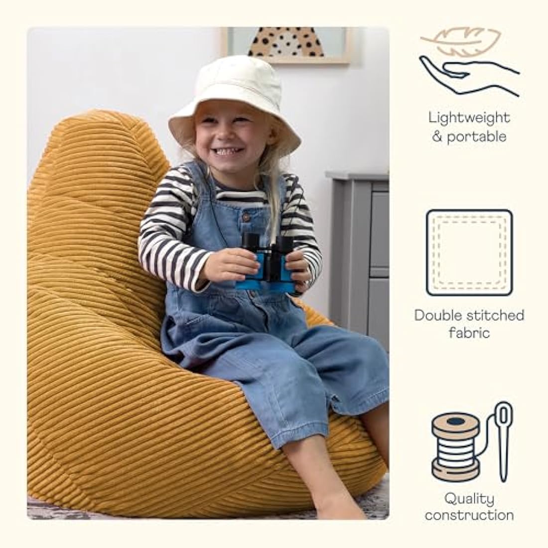 icon Dalton Kids Corduroy Bean Bag Chair – Ochre Yellow Recliner