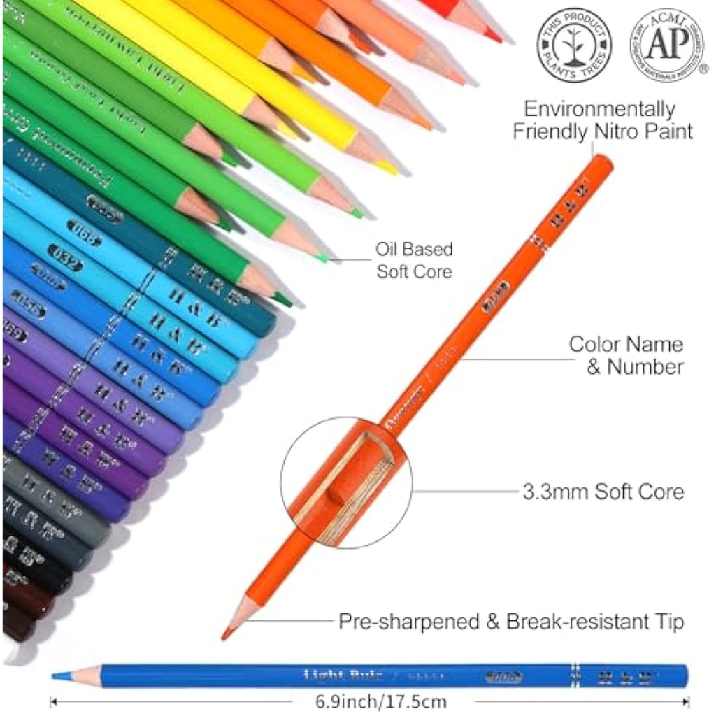 H & B 180 Oil Based Coloured Pencils Set with Colouring Book for Artists