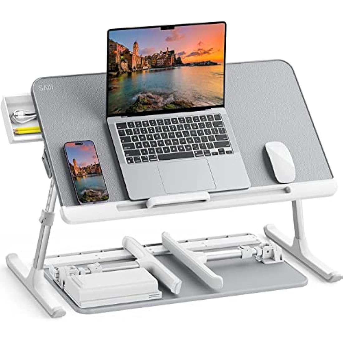 SAIJI Laptop Bed Table | Adjustable Leather Lap Desk with Drawer - Grey