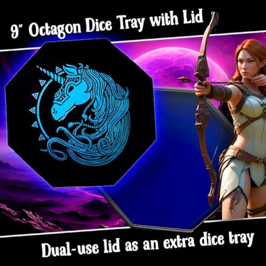 Fantasydice War Unicron Octagon Dice Tray with Lid – Blue Vegan Leather