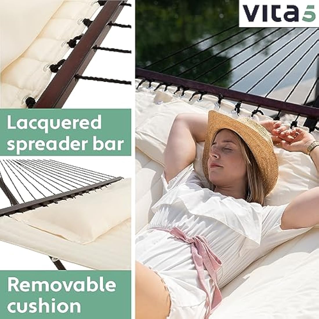 Vita5 Double Hammock with Heavy Duty Stand, Side Table & Pillow - Beige