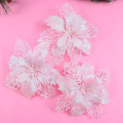 Jolof Store 12pcs Glitter Poinsettia Artificial Christmas Flowers – White