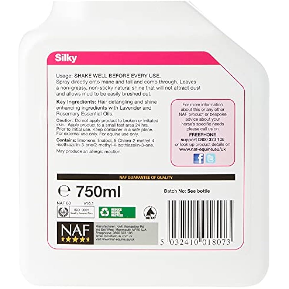 NAF Silky Mane & Tail D-Tangler Spray – 750ml Horse Conditioning Spray