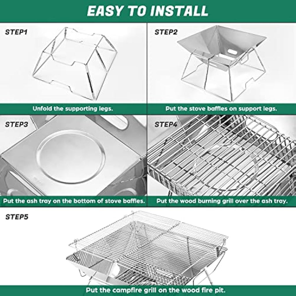 Odoland Portable Camping Fire Pit | Collapsible Stainless Steel BBQ Grill