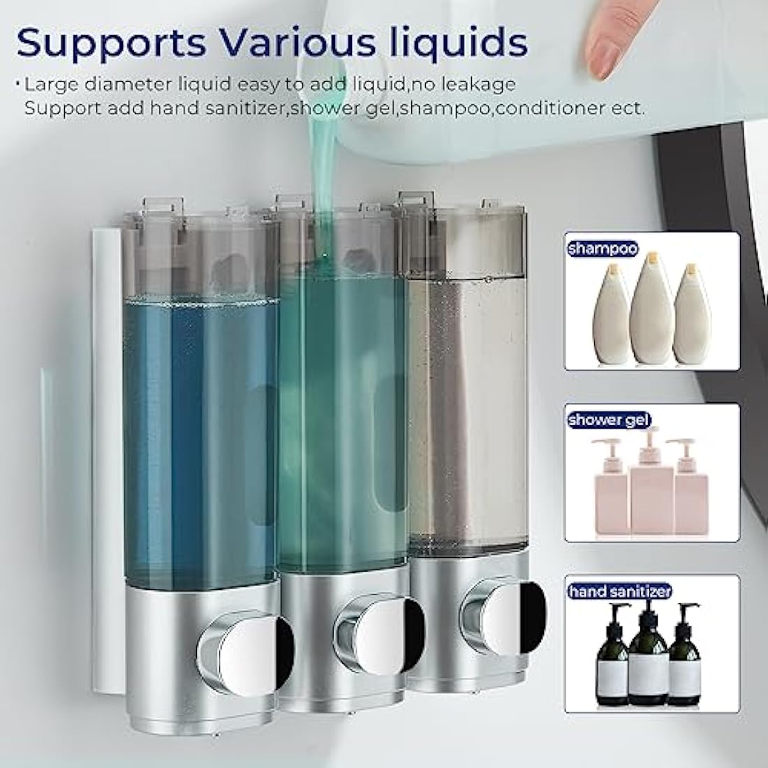 Modunful 3-Chamber Shower Soap Dispenser – Wall Mounted No Drill Silver