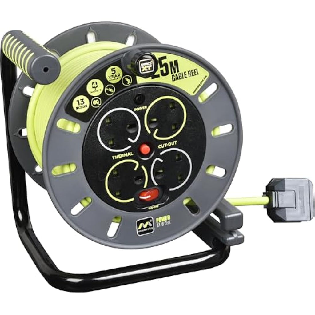 Masterplug Pro-XT 25m Cable Reel Extension Lead – 4 Sockets & Switch
