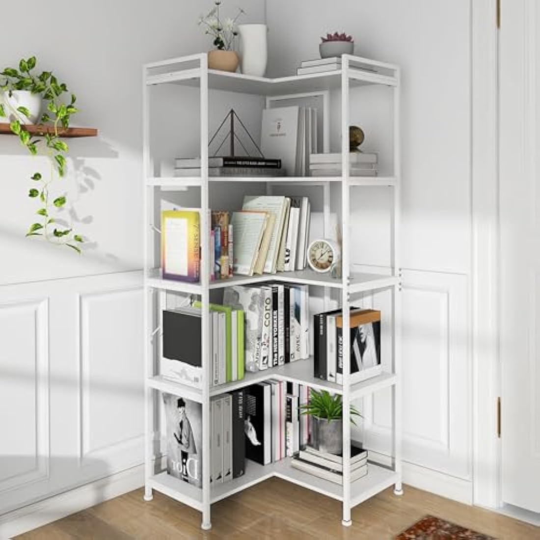 VEDECASA 5-Tier Corner Bookshelf – L-Shaped Industrial Display Rack, White