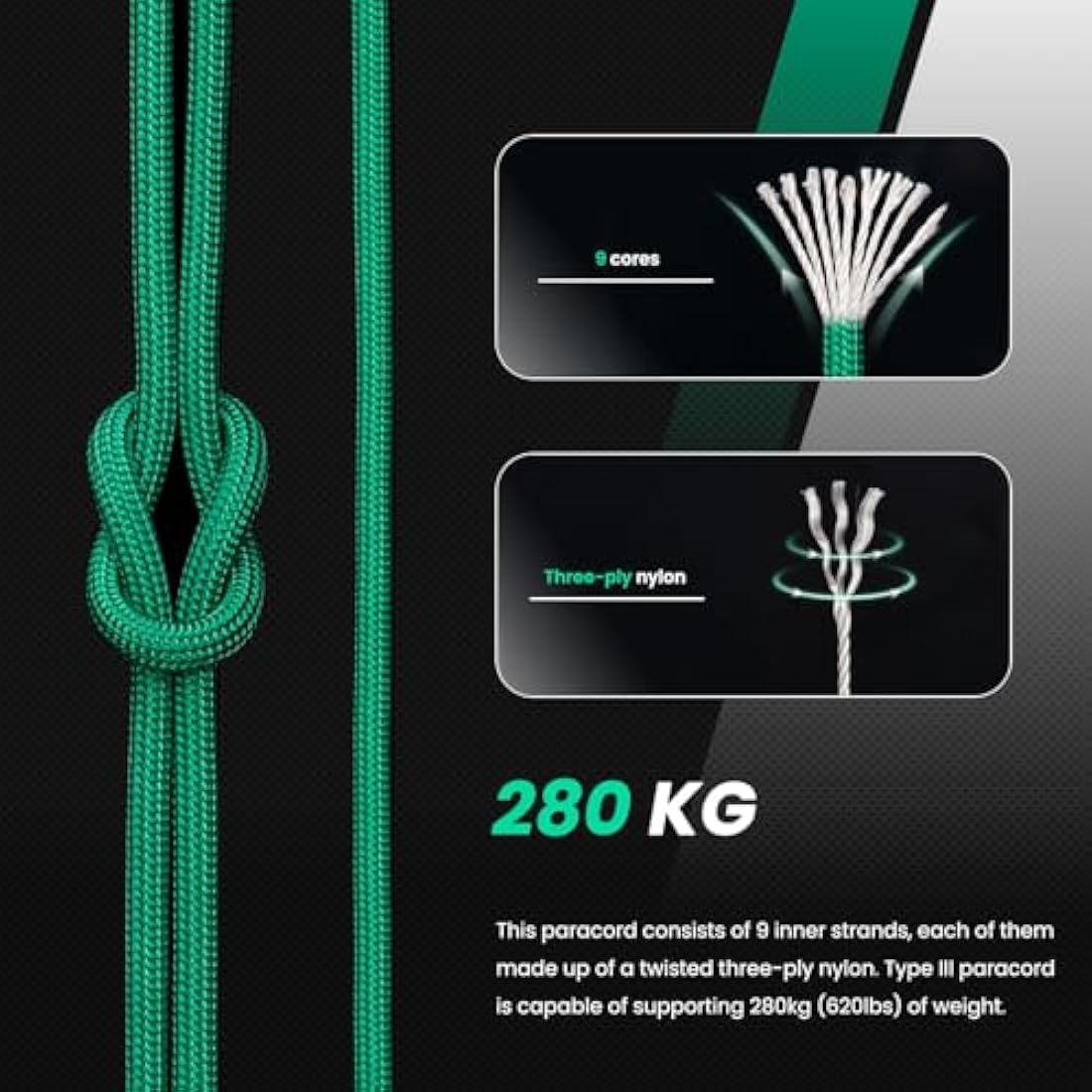Abma Cord 4mm Type III Nylon Paracord – 100m 9-Strand Rope, Kelly Green