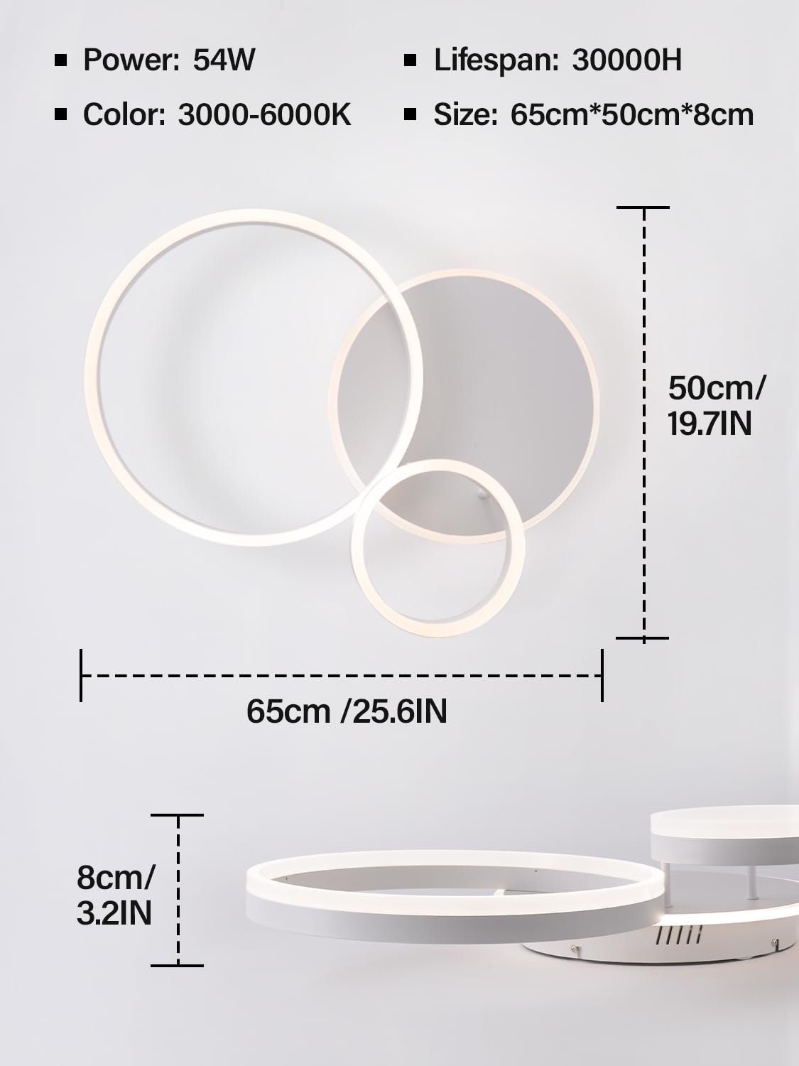 KAUCQI Modern LED Ceiling Light | 54W Dimmable 3-Ring Lamp with Remote