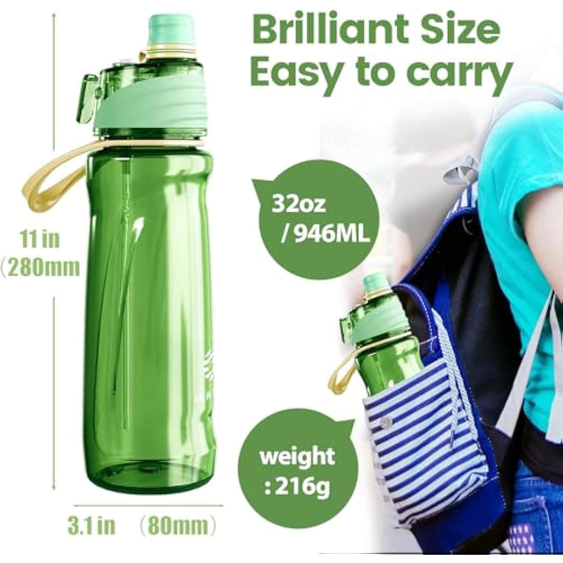 Healter 950ml Misting Water Bottle – Leakproof Spray Bottle for Sports