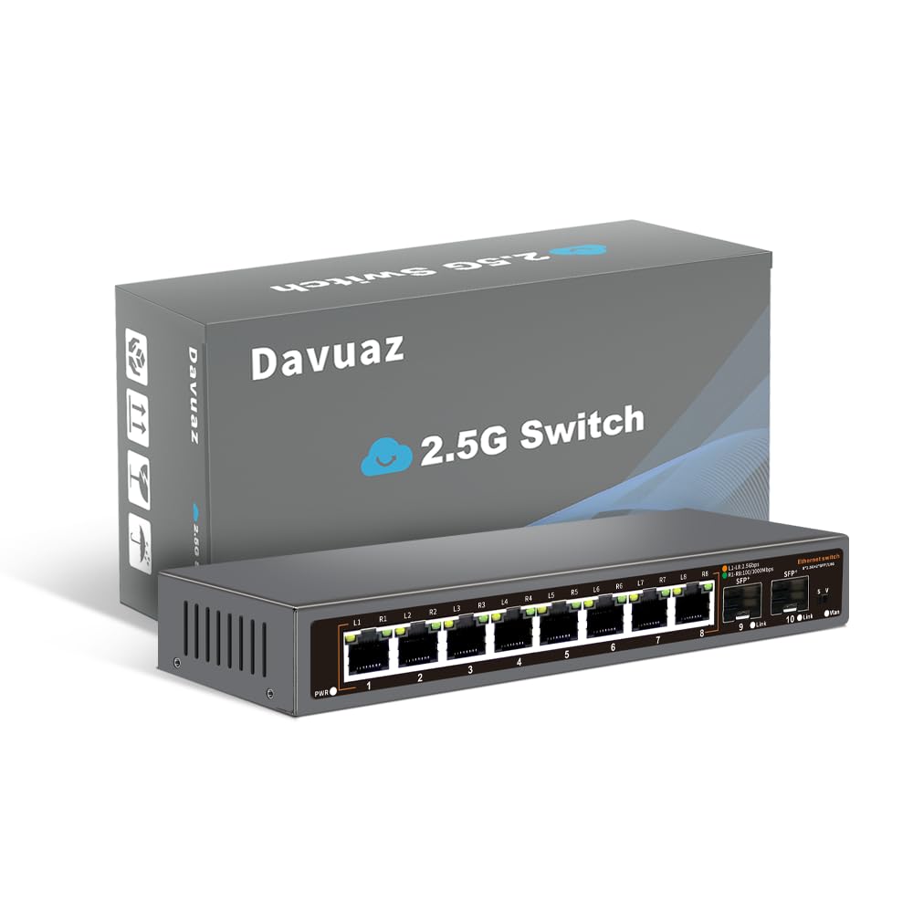 Davuaz 8-Port 2.5G Ethernet Switch | 2 x 10G SFP+ Unmanaged Network Switch