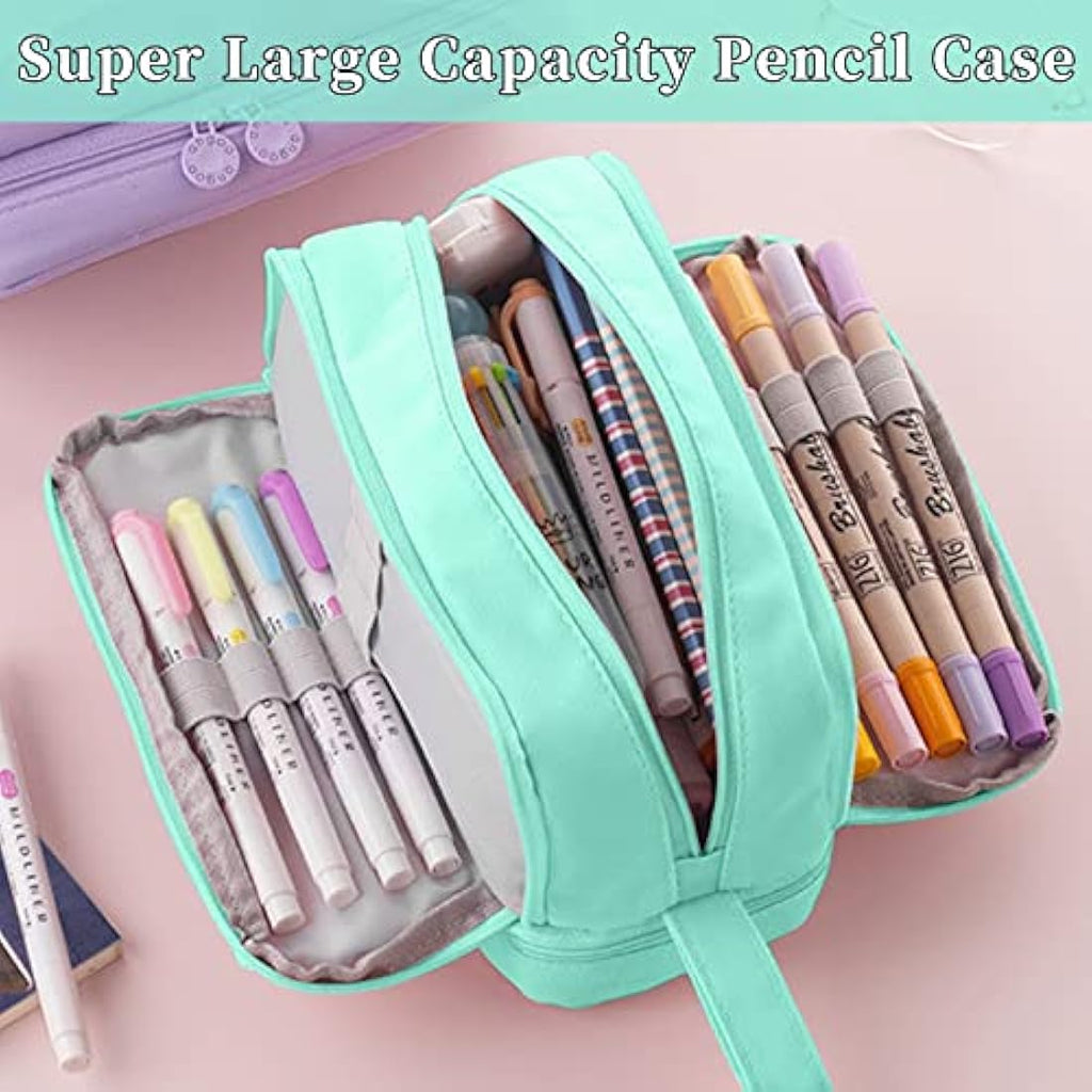 Tesmien Large Pencil Case | 4-Compartment Canvas Stationery Bag, Green