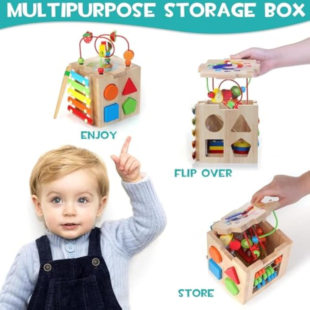 HELLOWOOD 8-in-1 Wooden Activity Cube | Montessori STEM Toy for Toddlers