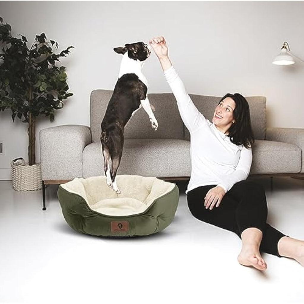 Round Dog Bed – Washable Non-Slip Pet Bed for Cats, Green, 25"