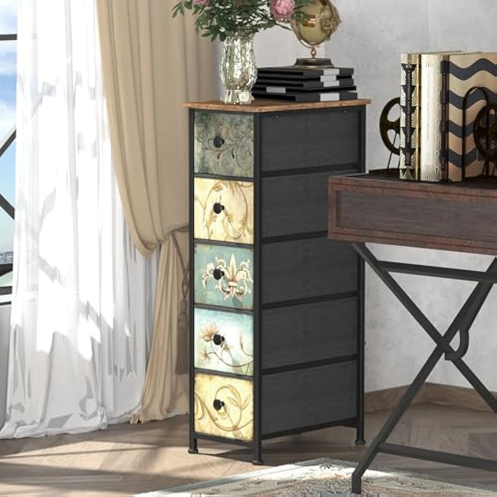 VEDECASA Slim 5-Drawer Storage Tower – Retro Fabric Chest of Drawers